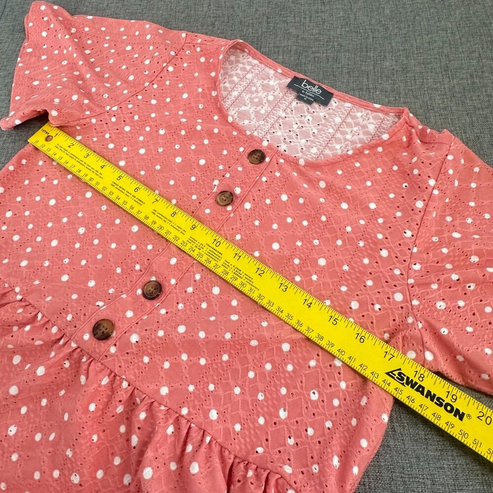 Belle By Belldini Peplum Top Polka Dots Peachy Pink Round Neck Wide Short Sleeve - Picture 4 of 8